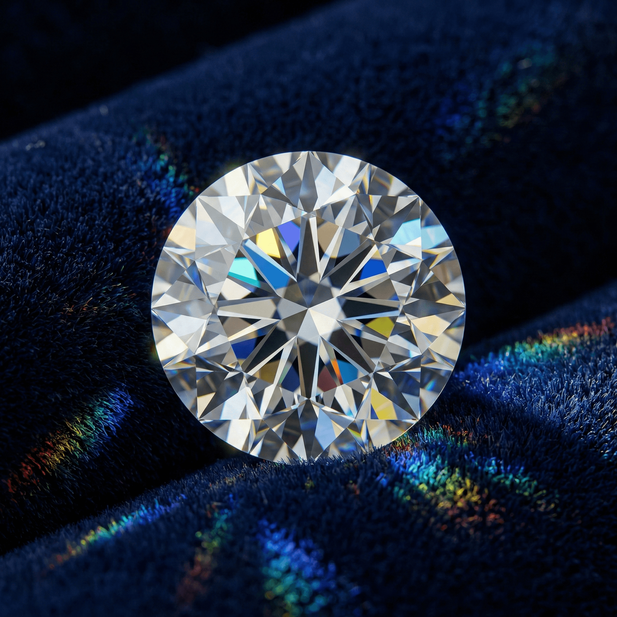 Macro photograph of a brilliant-cut diamond showing fire and brilliance